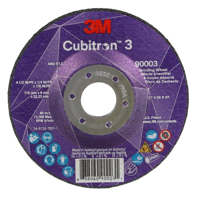 3M 90003 Cubitron Depressed Center Grinding Wheel T27 36 Plus Black 4-1-2 in x 1-4 in x 7-8 in Arbor Hole (7100303966) (20 Pack)