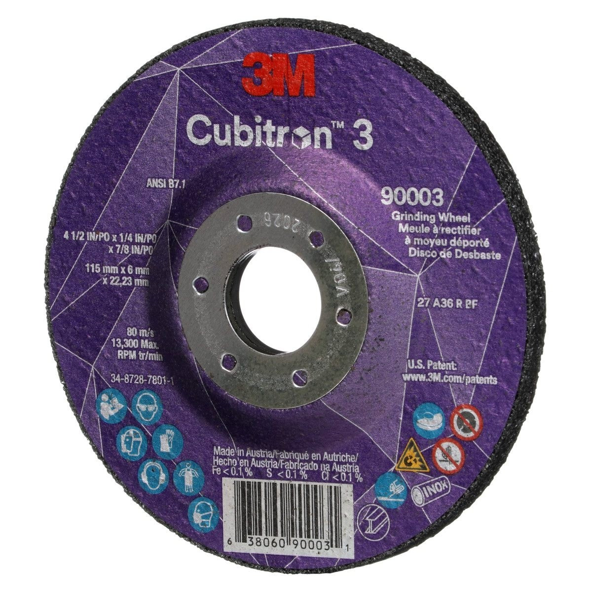 3M 90003 Cubitron Depressed Center Grinding Wheel T27 36 Plus Black 4-1-2 in x 1-4 in x 7-8 in Arbor Hole (7100303966) (20 Pack) - 2
