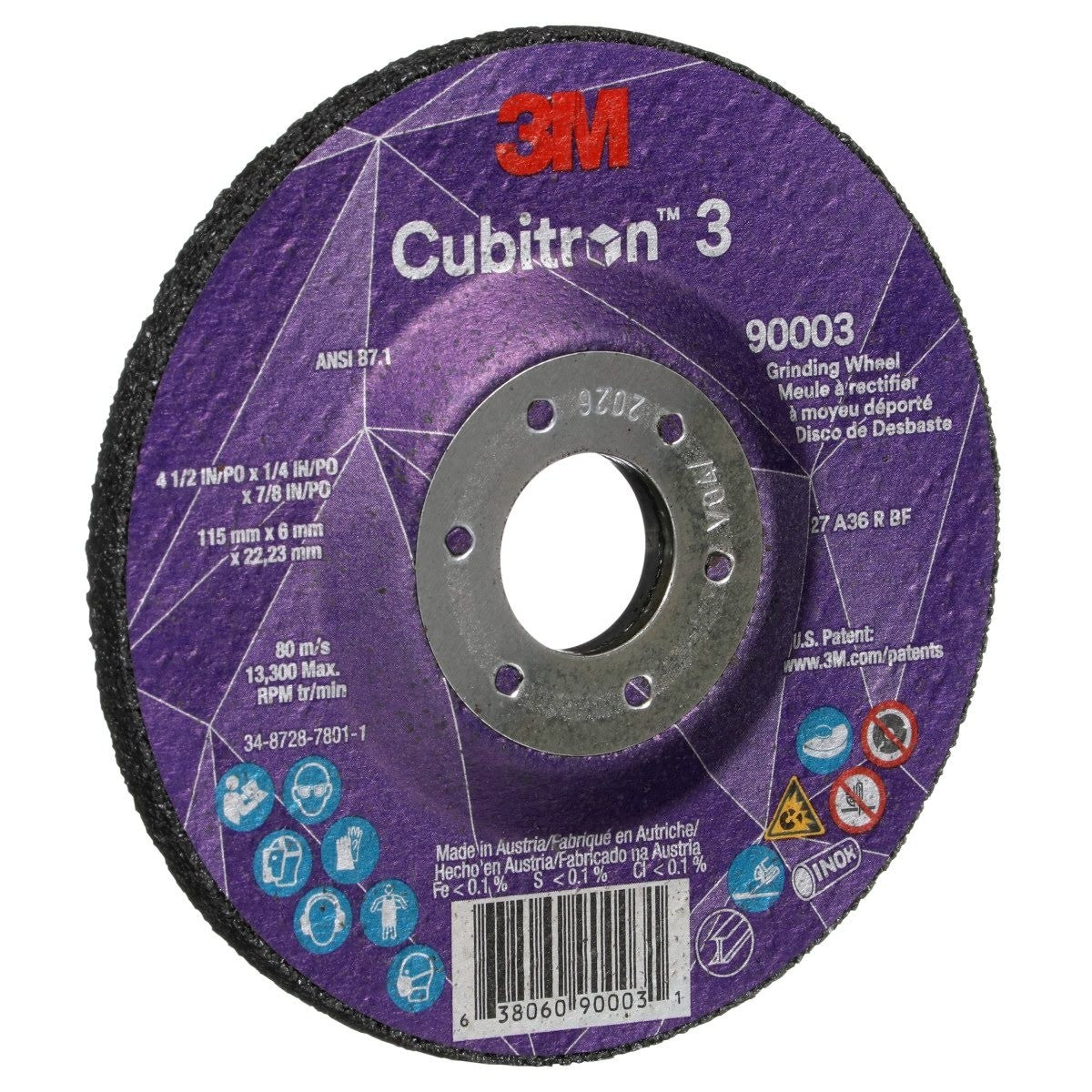 3M 90003 Cubitron Depressed Center Grinding Wheel T27 36 Plus Black 4-1-2 in x 1-4 in x 7-8 in Arbor Hole (7100303966) (20 Pack) - 3