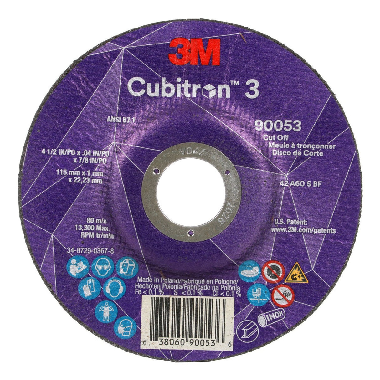 3M 90053 Cubitron Cut-Off Wheel, 60+, T27, 4-1/2 in x 1/8 in x 7/8 in, Black (7100304308) (50 Pack)