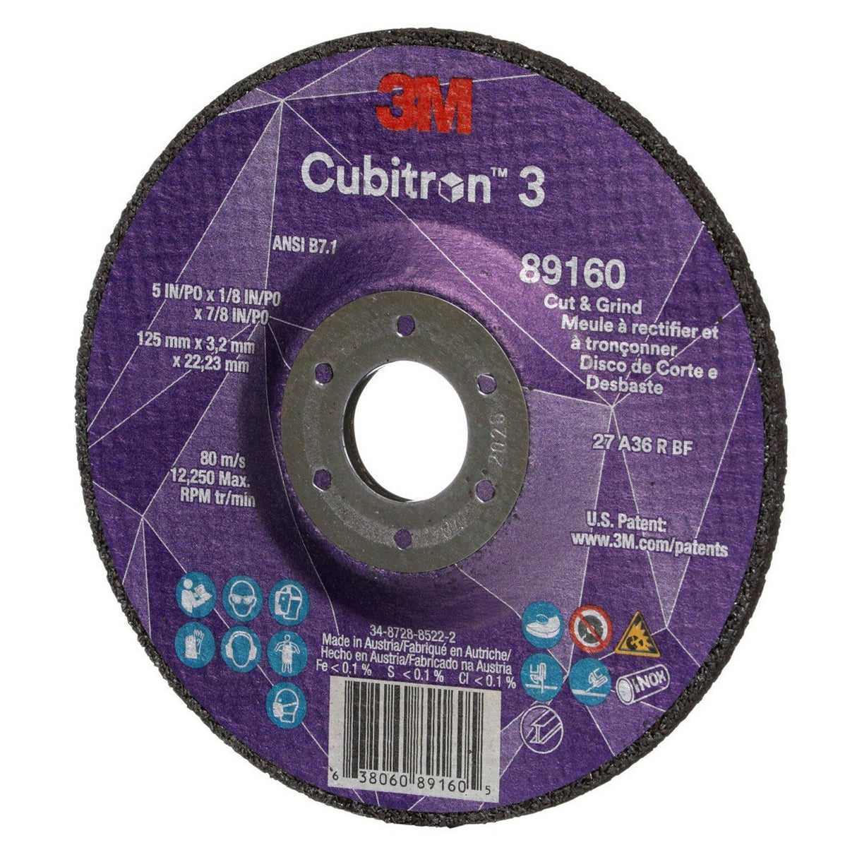 3M 89160 Cubitron Cut and Grind Wheel, 36+, T27, Black, 5 in x 1/8 in x 7/8 in, ANSI (7100305151) (20 Pack) - 3