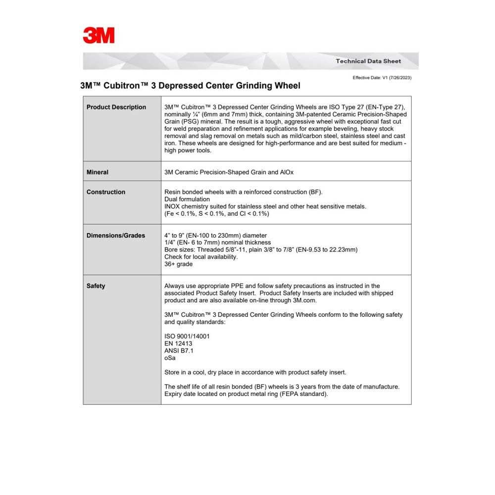 3M 7100312965 Cubitron 3 Depressed Center Grinding Wheel, 7 in x 1/4 in x 5/8 in-11, 36+ T27, ANSI, Precision Shaped Grain for Beveling, Weld Grinding, Heavy Deburring, Slag Removal (10 Pack) - 6