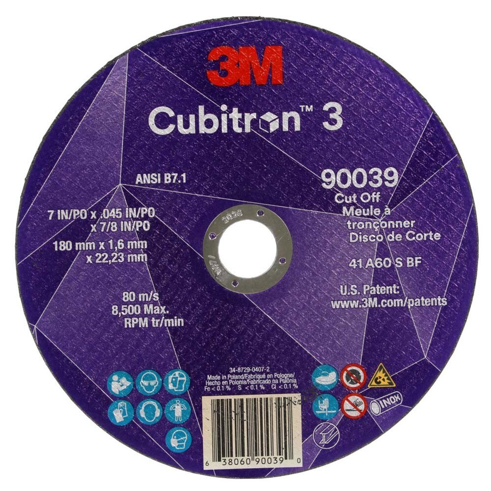 3M 90039 Cubitron 3 Cut-Off Wheel, 7 in x 0.045 in x 7/8 in, 60+ Grit, ANSI B7.1, Precision Shaped Grain for Metal and Stainless (7100313189) (50 Pack)