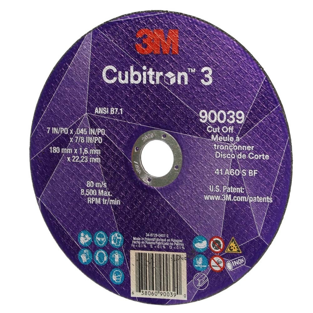 3M 90039 Cubitron 3 Cut-Off Wheel, 7 in x 0.045 in x 7/8 in, 60+ Grit, ANSI B7.1, Precision Shaped Grain for Metal and Stainless (7100313189) (50 Pack) - 2