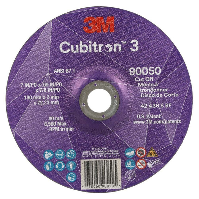 3M 7100313191 Cubitron 3 Cut-Off Wheel, 90050, 36+, T27, 7 in x 0.09 in x 7/8 in (180 x 2 x 22.23 mm), ANSI