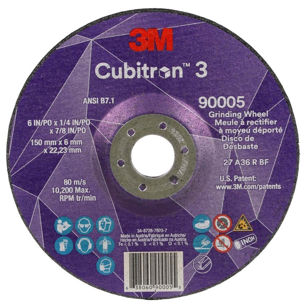 3M 7100313193 Cubitron 3 Depressed Center Grinding Wheel, 90005, 36+, T27, 6 in x 1/4 in x 7/8 in (150x6x22.23mm) ANSI