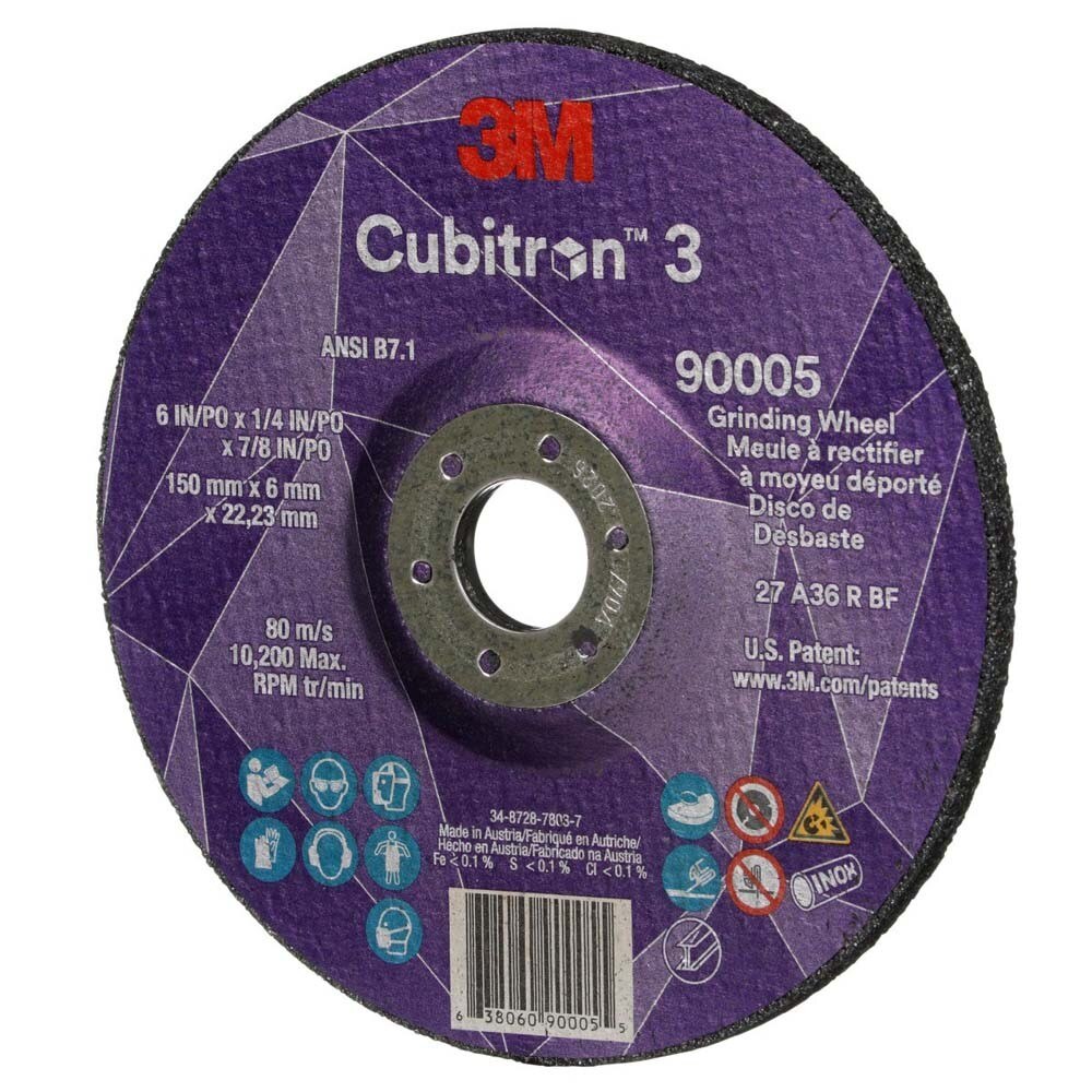 3M 7100313193 Cubitron 3 Depressed Center Grinding Wheel, 90005, 36+, T27, 6 in x 1/4 in x 7/8 in (150x6x22.23mm) ANSI - 3