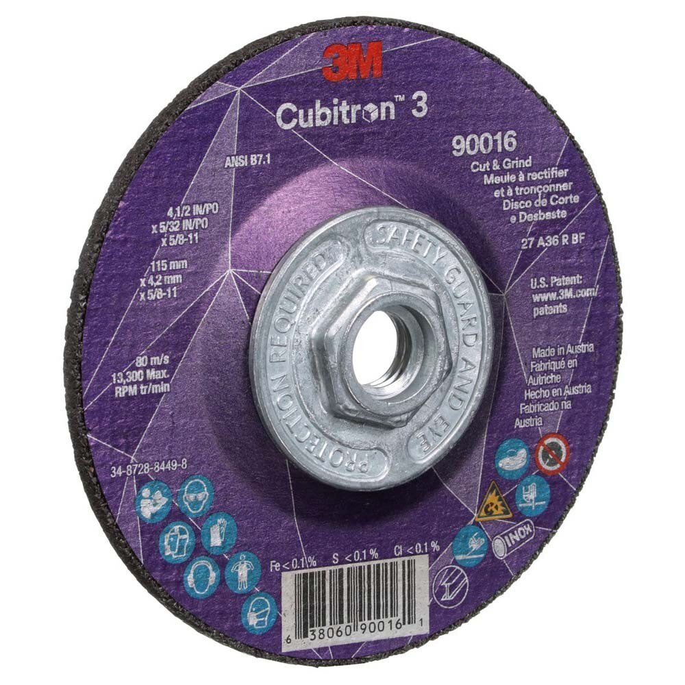 3M 7100313194 Cubitron 3 Cut and Grind Wheel, 90016, 36+, T27, 4-1/2 in x 5/32 in x 5/8 in-11 (115 x 4.2 mm x 5/8-11 in), ANSI (10 Pack) - 3