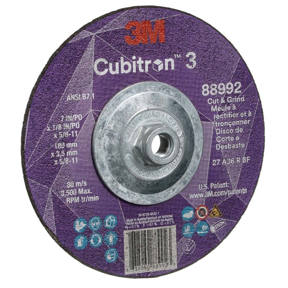 3M 7100313195 Cubitron 3 Cut and Grind Wheel, 7 in x 1/8 in x 5/8 in-11, 36+ Grit, Type 27 for Cutting, Grinding and Back-Gouging (10 Pack) - 3