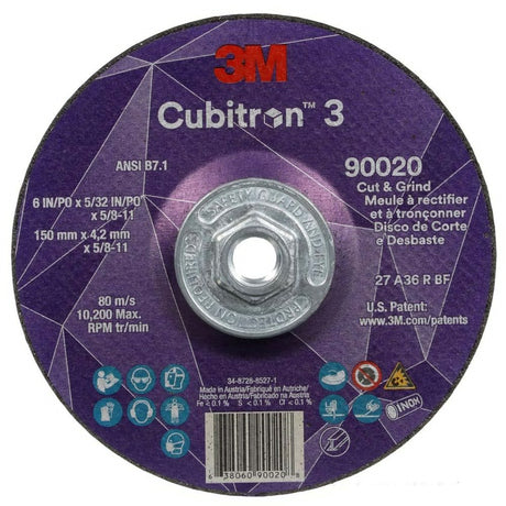3M 90020 Cubitron 3 Cut and Grind Wheel, 36+, T27, 6 in x 5/32 in x 5/8 in-11 (150 x 4.2 mm x 5/8-11 in), ANSI (7100313196) (10 Pack)