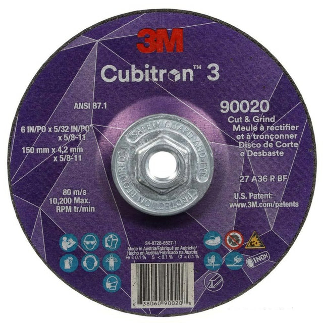 3M 90020 Cubitron 3 Cut and Grind Wheel, 36+, T27, 6 in x 5/32 in x 5/8 in-11 (150 x 4.2 mm x 5/8-11 in), ANSI (7100313196) (10 Pack)