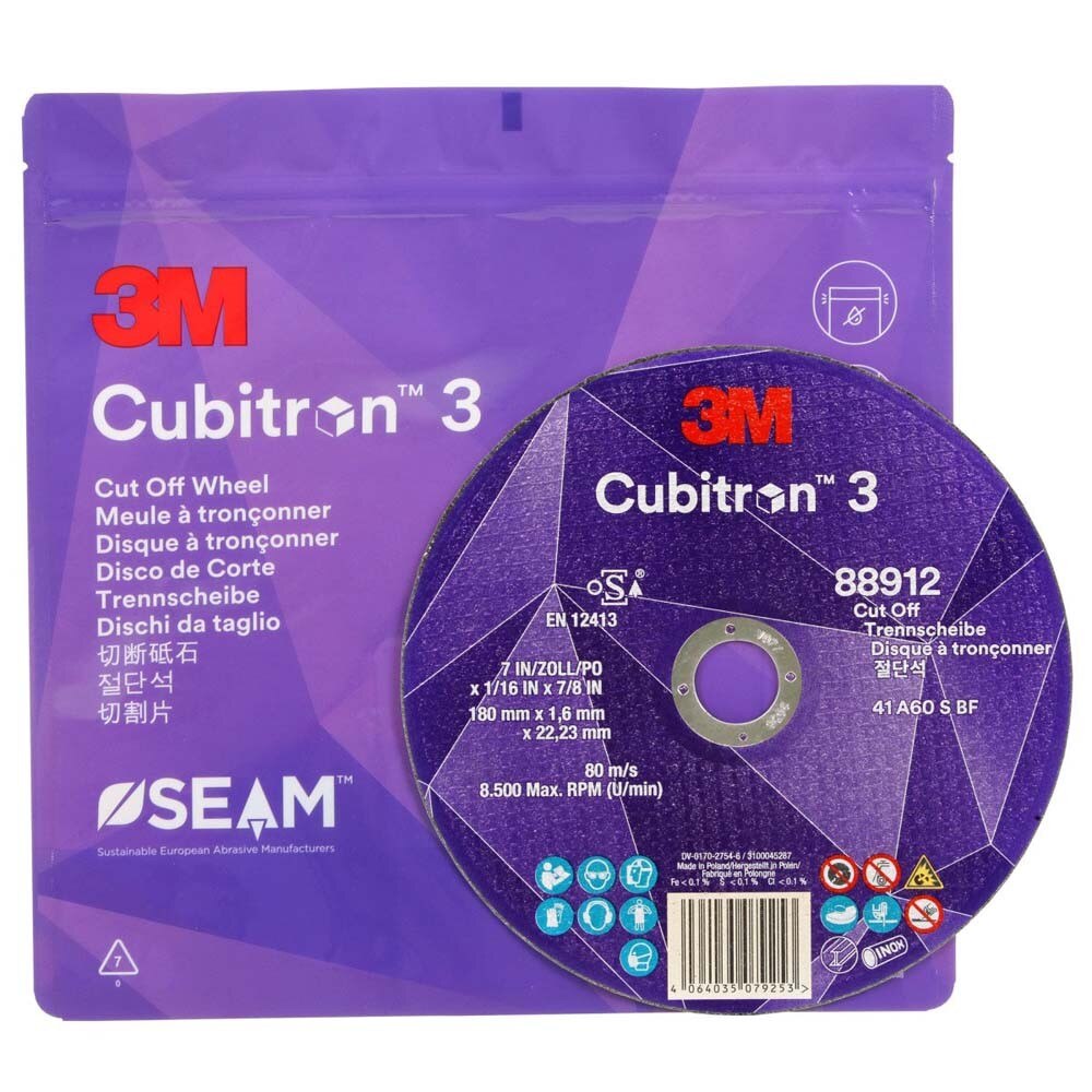 3M 7100313197 Cubitron 3 Cut and Grind Wheel, 36+ Grit, Type 27, 9 in x 1/8 in x 5/8 in-11 Thread, ANSI Rated for Cutting and Grinding (10 Pack) - 9