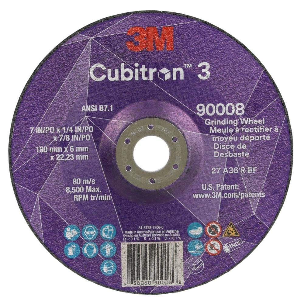 3M 7100313198 Cubitron 3 Depressed Center Grinding Wheel, 90008, 36+, T27, 7 in x 1/4 in x 7/8 in (180x6x22.23mm) ANSI