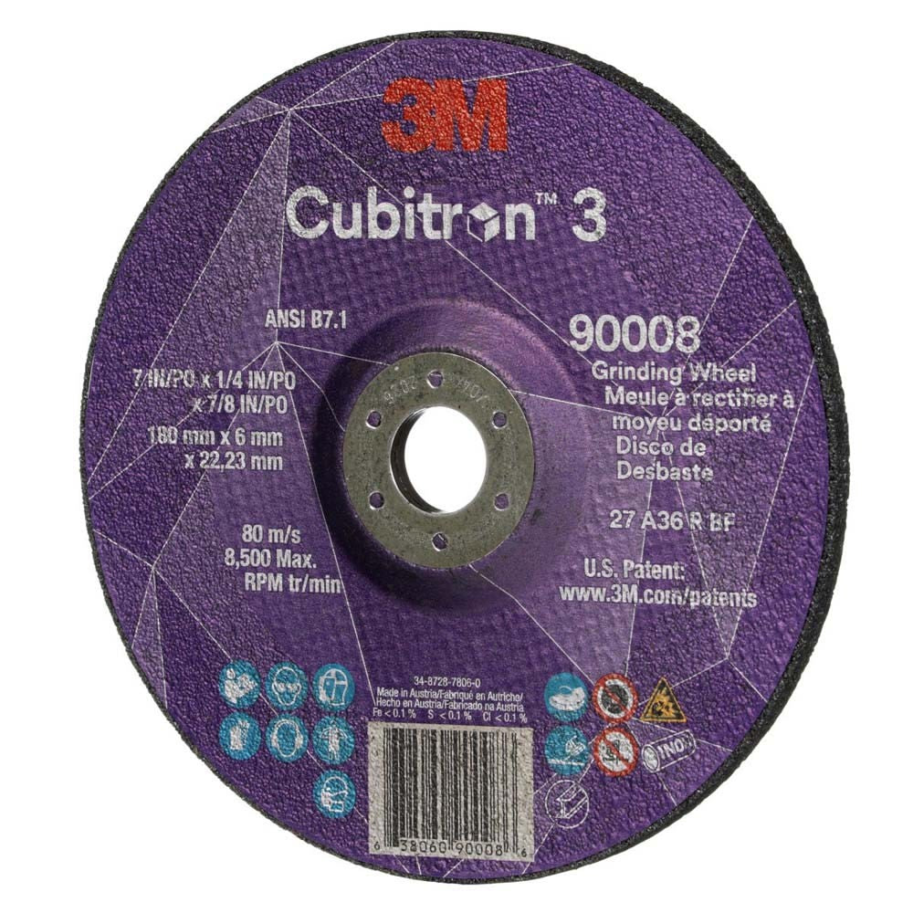 3M 90008 Cubitron 3 Depressed Center Grinding Wheel, 36+, T27, 7 in x 1/4 in x 7/8 in (180x6x22.23mm) ANSI (7100313198) - 2