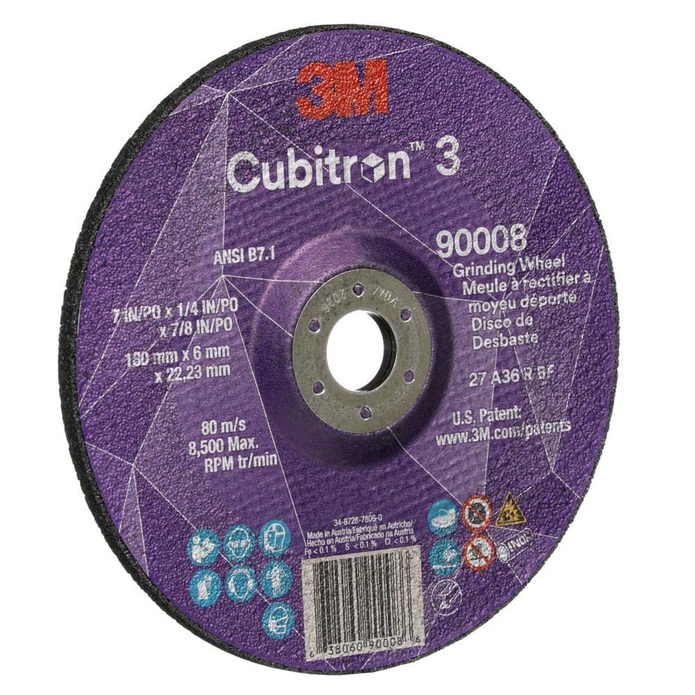 3M 90008 Cubitron 3 Depressed Center Grinding Wheel, 36+, T27, 7 in x 1/4 in x 7/8 in (180x6x22.23mm) ANSI (7100313198) - 3