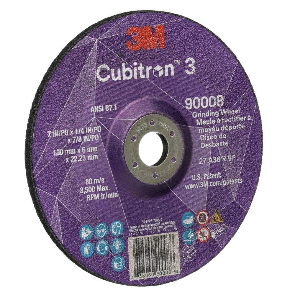 3M 7100313198 Cubitron 3 Depressed Center Grinding Wheel, 90008, 36+, T27, 7 in x 1/4 in x 7/8 in (180x6x22.23mm) ANSI - 3