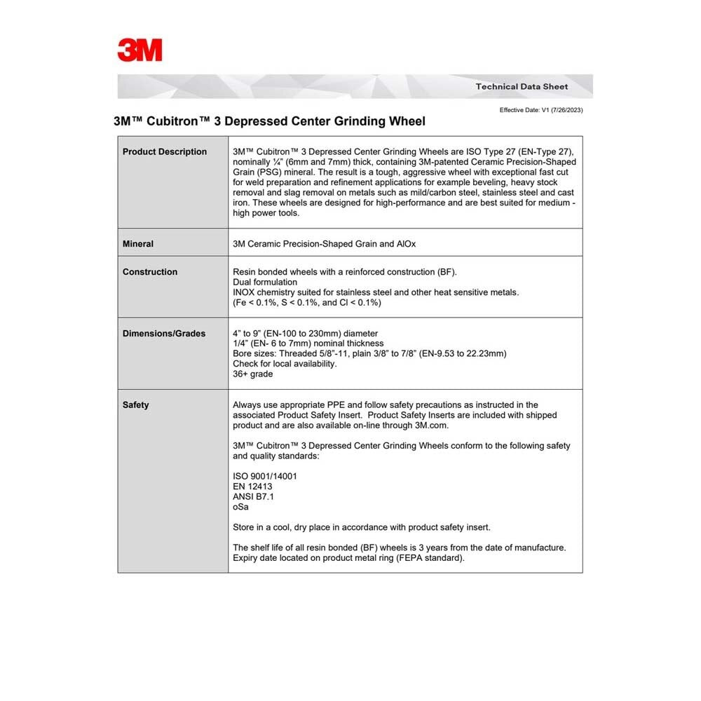 3M 7100313198 Cubitron 3 Depressed Center Grinding Wheel, 90008, 36+, T27, 7 in x 1/4 in x 7/8 in (180x6x22.23mm) ANSI - 10
