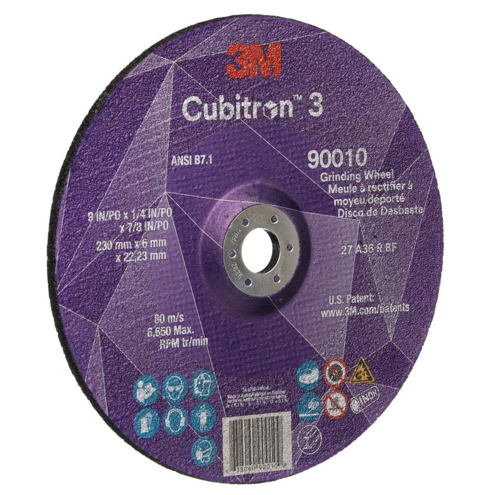 3M 7100313202 Cubitron 3 Depressed Center Grinding Wheel, 90010, 36+, T27, 9 in x 1/4 in x 7/8 in (230x6x22.23mm) ANSI