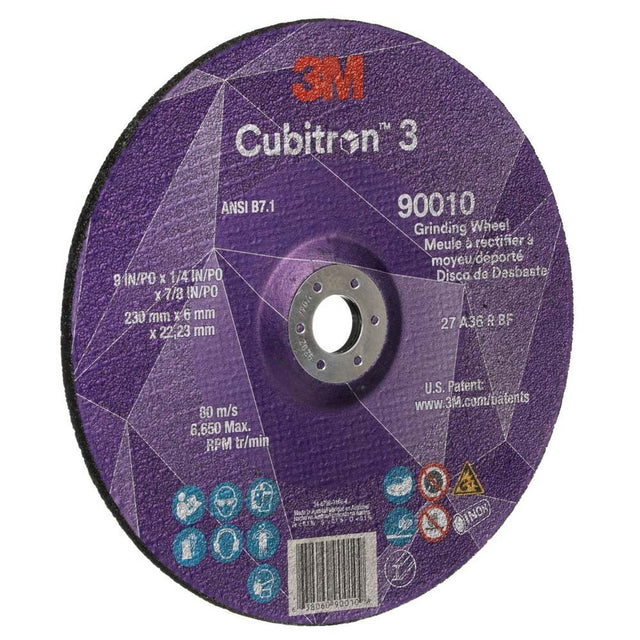 3M 7100313202 Cubitron 3 Depressed Center Grinding Wheel, 90010, 36+, T27, 9 in x 1/4 in x 7/8 in (230x6x22.23mm) ANSI