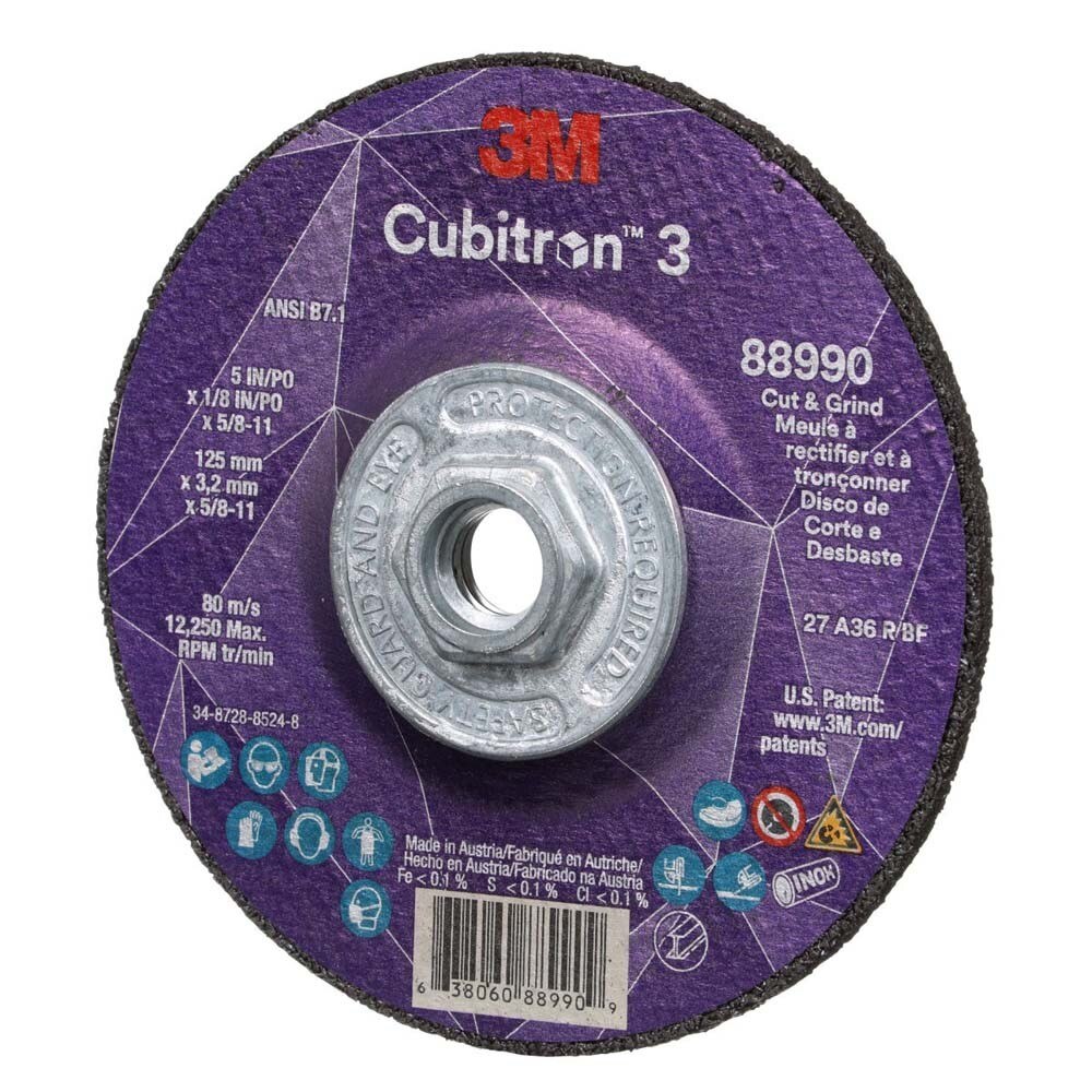 3M 7100313204 Cubitron 3 Cut and Grind Wheel, 36+ Grit, Type 27, 5 in x 1/8 in x 5/8 in-11 for Cutting, Grinding, Back-Gouging, Fillet Weld Removal (10 Pack) - 3