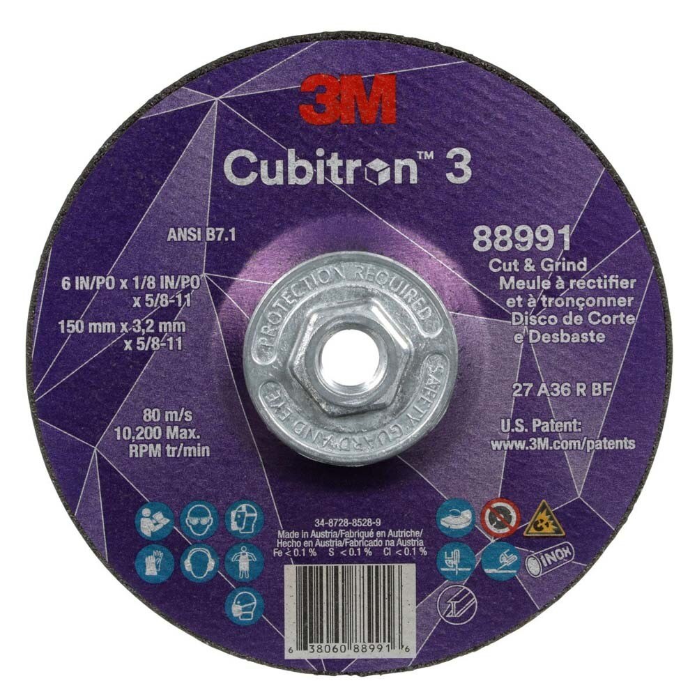 3M 88991 Cubitron 3 Cut and Grind Wheel, 36+, T27, 6 in x 1/8 in x 5/8 in-11 (150 x 3.2 mm x 5/8-11 in), ANSI (7100313205) (10 Pack)