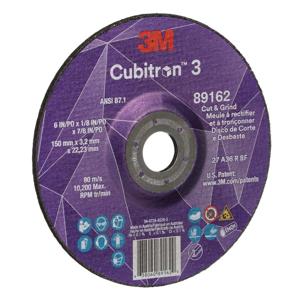 3M 7100313586 Cubitron 3 Cut and Grind Wheel, 89162, 36+, T27, 6 in x 1/8 in x 7/8 in (150 x 3.2 x 22.23 mm), ANSI - 2