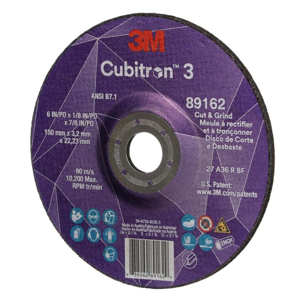3M 7100313586 Cubitron 3 Cut and Grind Wheel, 89162, 36+, T27, 6 in x 1/8 in x 7/8 in (150 x 3.2 x 22.23 mm), ANSI - 3