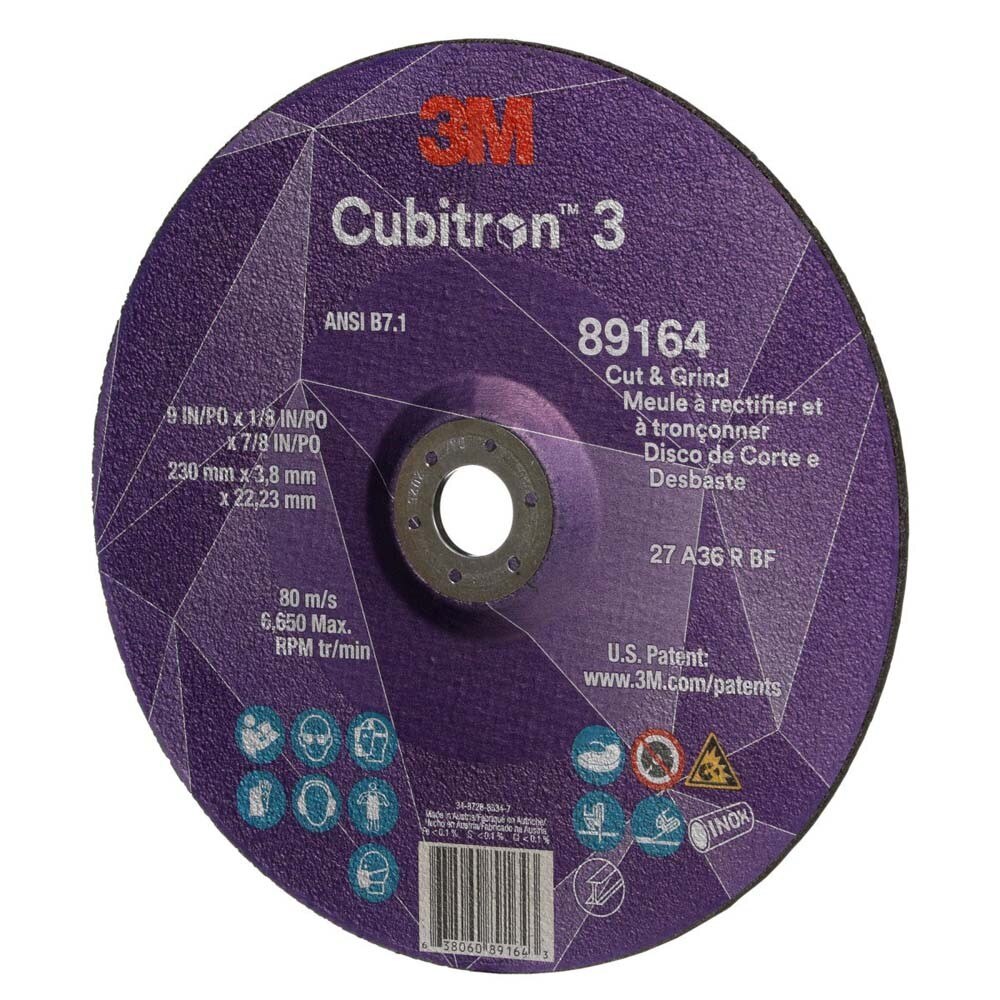 3M 7100313759 Cubitron 3 Cut and Grind Wheel, 89164, 36+, T27, 9 in x 1/8 in x 7/8 in (230 x 3.2 x 22.23 mm), ANSI - 2