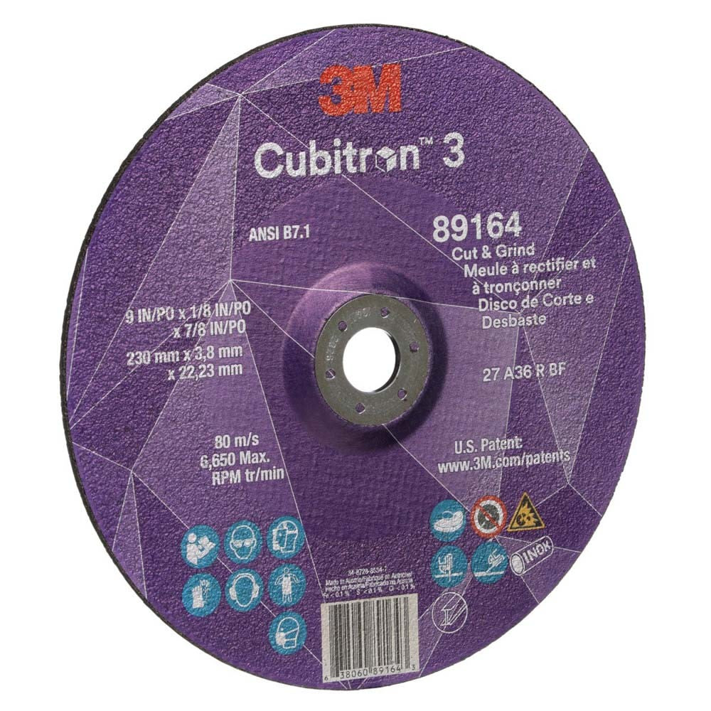 3M 89164 Cubitron 3 Cut and Grind Wheel, 36+, T27, 9 in x 1/8 in x 7/8 in (230 x 3.2 x 22.23 mm), ANSI (7100313759) - 3