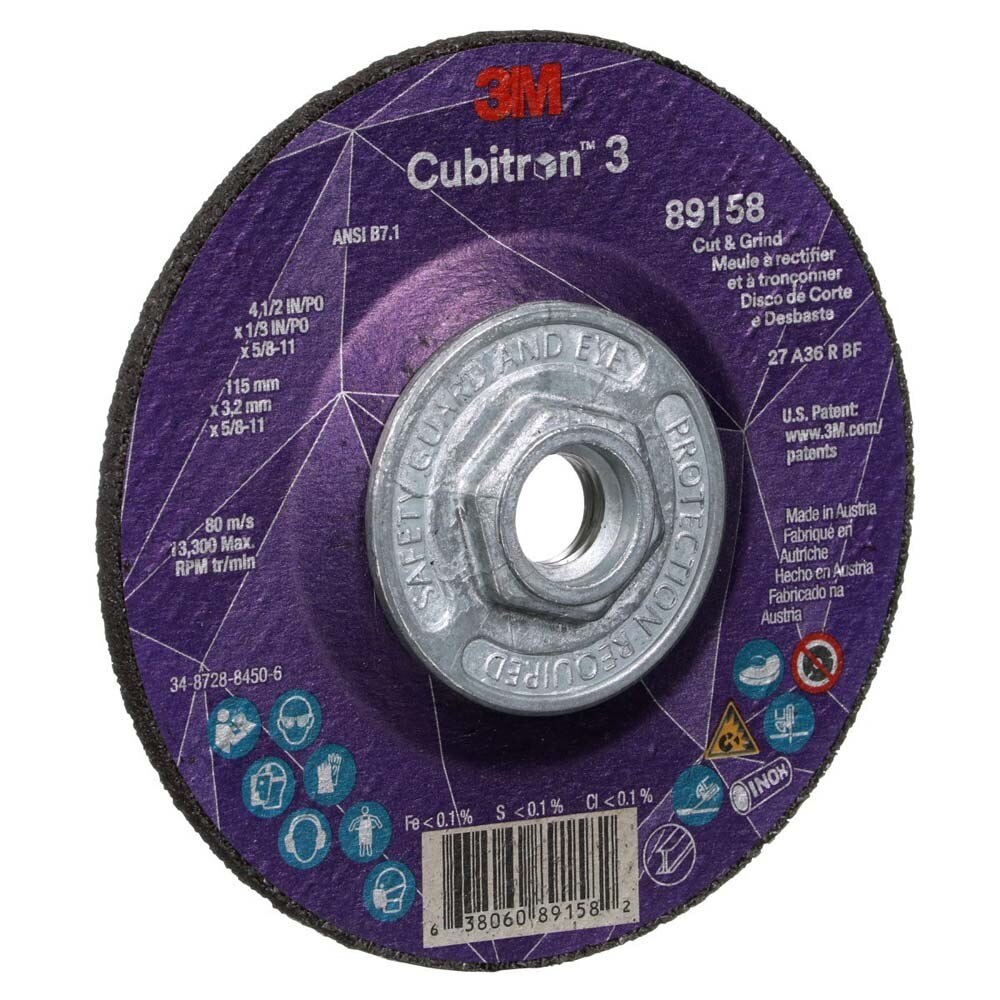 3M 7100313760 Cubitron 3 Cut and Grind Wheel, 89158, 36+, T27, 4-1/2 in x 1/8 in x 5/8 in-11 (115 x 3.2 mm x 5/8-11 in), ANSI (10 Pack) - 3