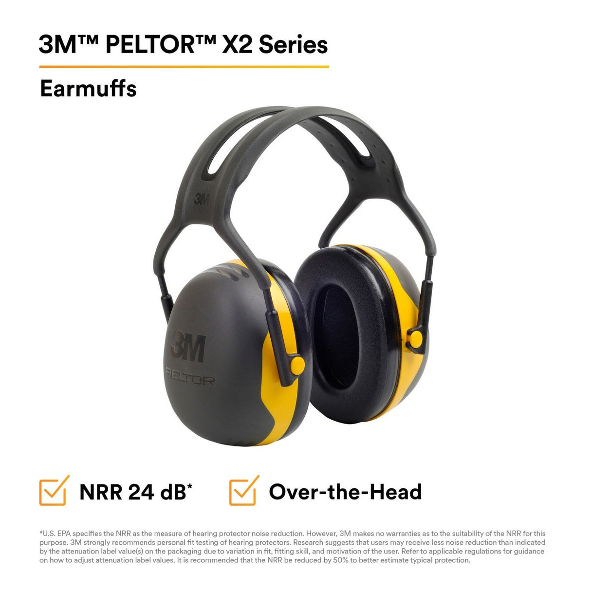 3M X2A PELTOR Over-the-Head Earmuffs, NRR 24 dB, Yellow/Black (7100314857) (10 Pack) - 2