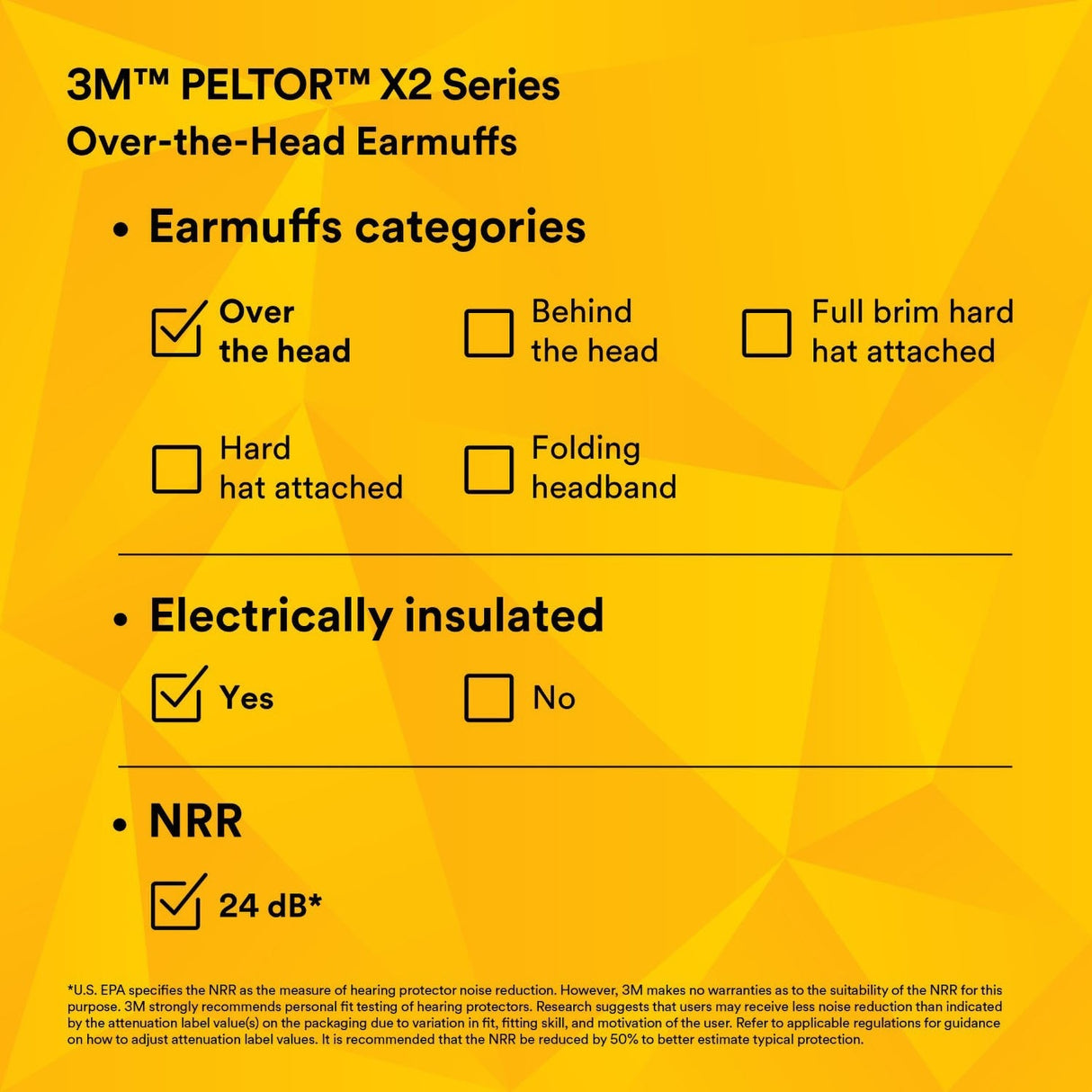 3M X2A PELTOR Over-the-Head Earmuffs, NRR 24 dB, Yellow/Black (7100314857) (10 Pack) - 5