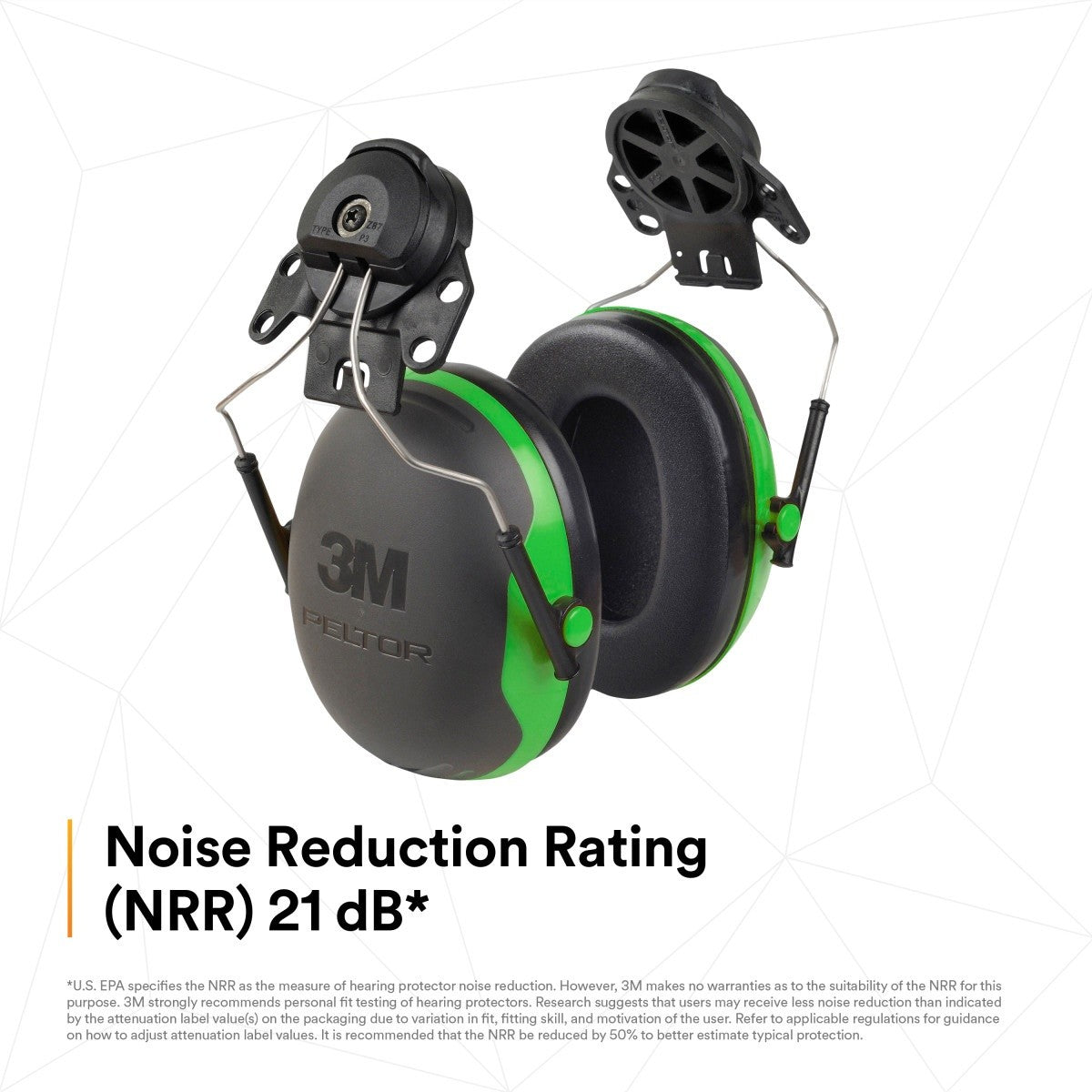 3M X1P3E PELTOR Helmet Attached Earmuffs, NRR 21 dB, Cap Style Hard Hat Compatible, Black/Green (7100315030) (1 Pair) - 4