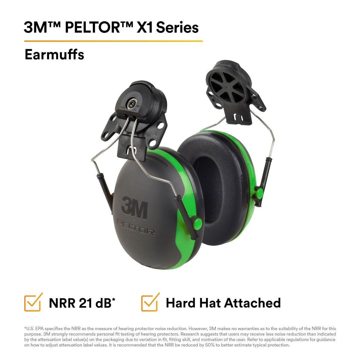 3M X1P3E PELTOR Helmet Attached Earmuffs, NRR 21 dB, Cap Style Hard Hat Compatible, Black/Green (7100315030) (1 Pair) - 5