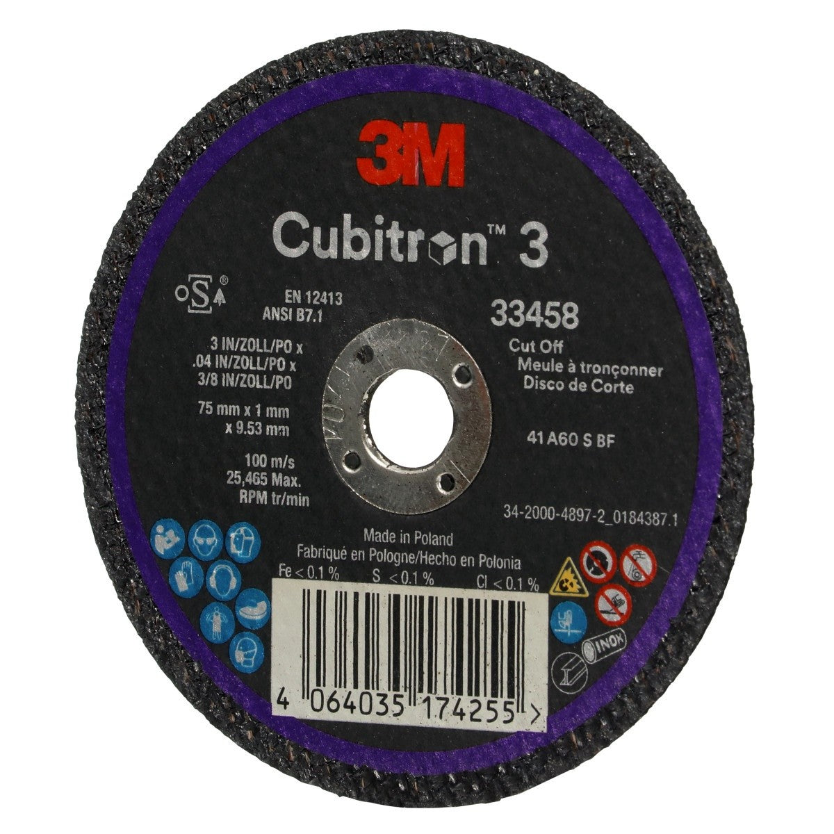 3M 33458 Cubitron Cut-Off Wheel, Precision Shaped Ceramic, Black, 75 mm x 1 mm x 9.53 mm (3 in x 1/8 in x 3/8 in) (7100333672) (30 Pack) - 4