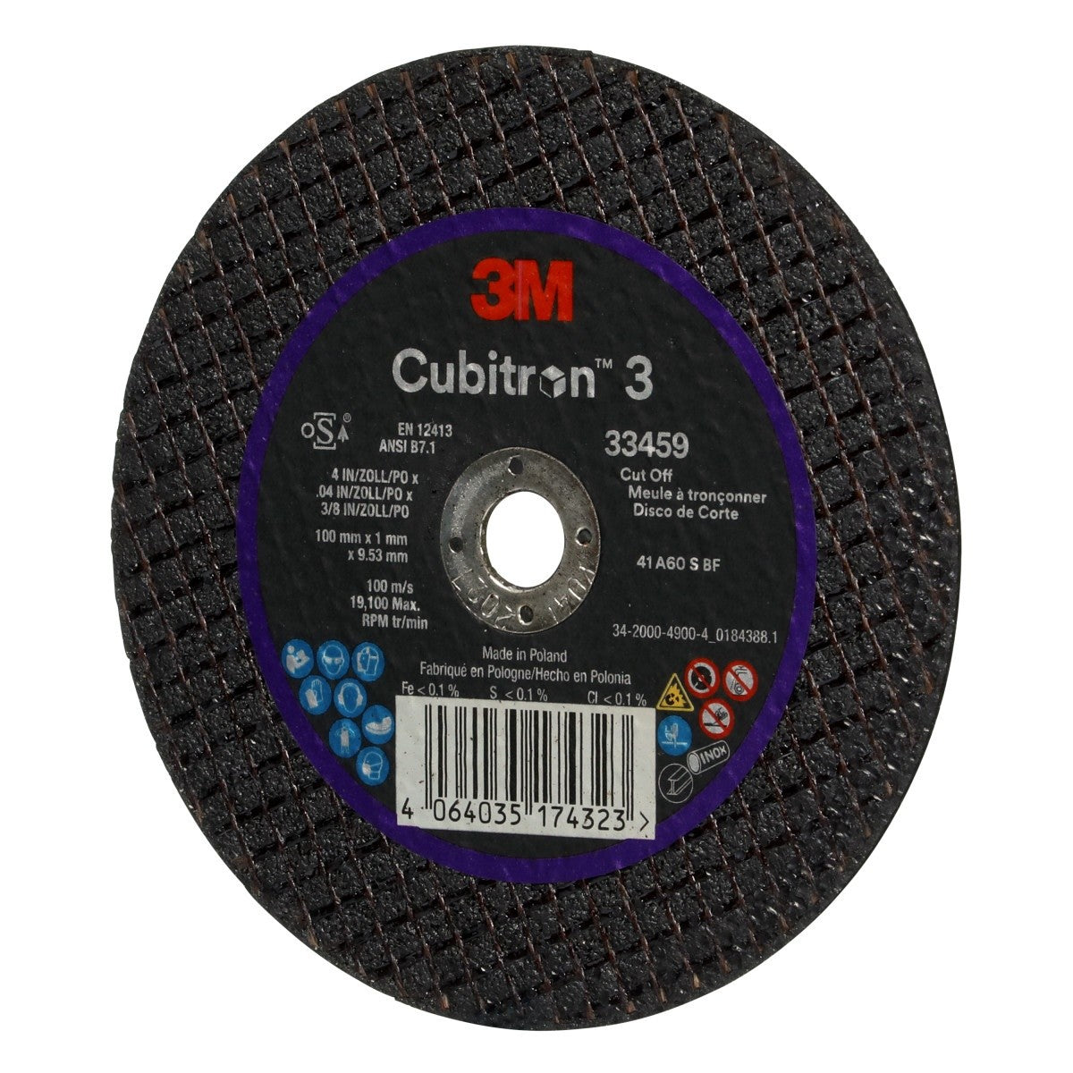 3M 33459 Cubitron Cut-Off Wheel, 100 mm x 1 mm x 9.53 mm (4 in x 1/8 in x 3/8 in), Black, for Collision Repair (7100334189) (30 Pack) - 4