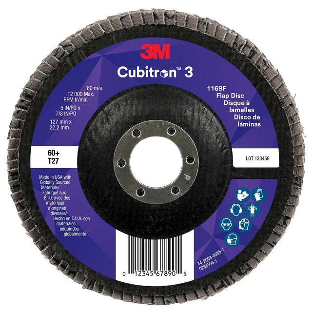 3M 1169F Cubitron 3 Flap Disc, 60+, T27-Flat, 5 in x 7/8 in (7100380168) (10 Pack)