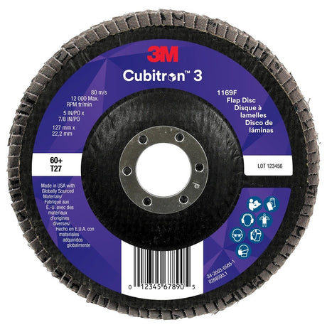 3M 1169F Cubitron 3 Flap Disc, 60+, T27-Flat, 5 in x 7/8 in (7100380168) (10 Pack)