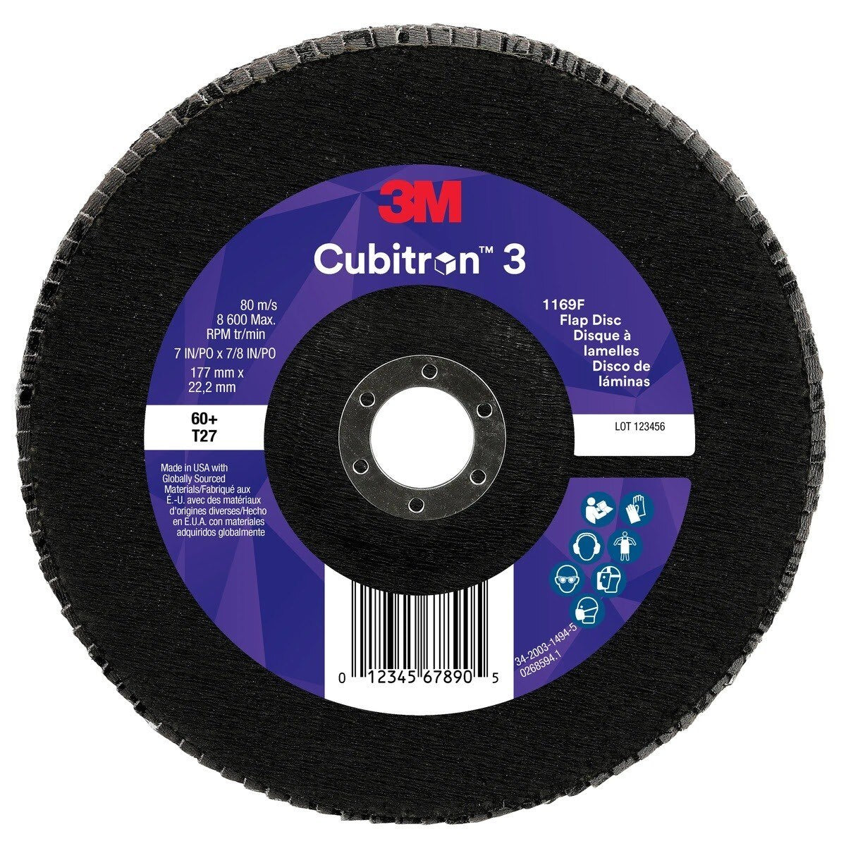 3M 1169F Cubitron 3 Flap Disc, 60+, T27-Flat, 7 in x 7/8 in (7100416619)