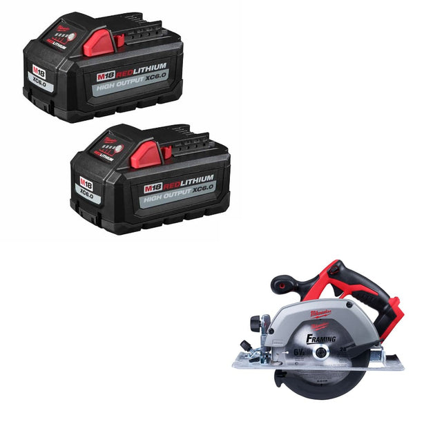 Milwaukee 48-11-1862 M18 XC6.0 Battery 2-Pack W/ FREE 2630-20 M18 Circ Saw, Bare