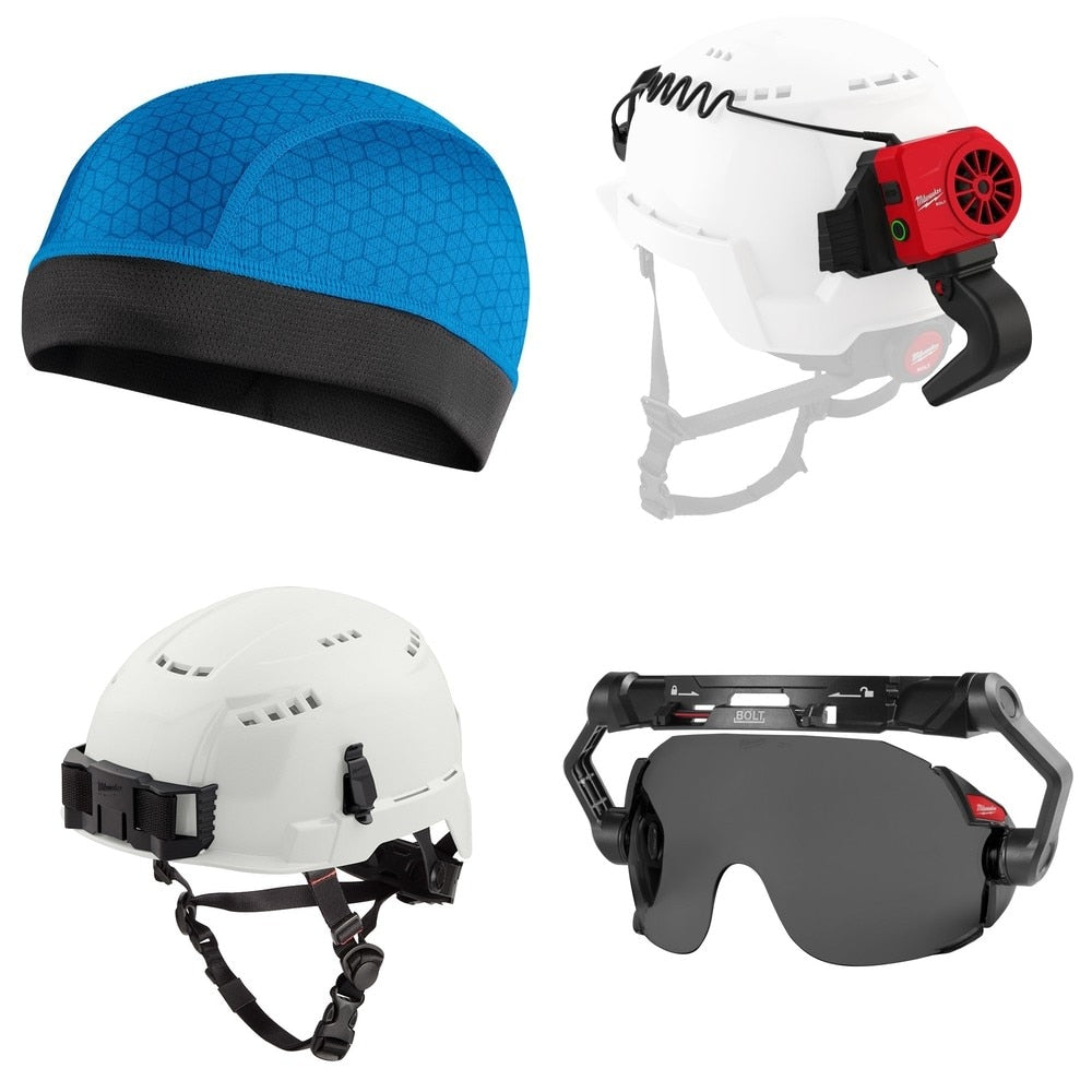 Milwaukee Safety Helmet Kit W/ Helmet Fan and Eye Visor and Skull Cap