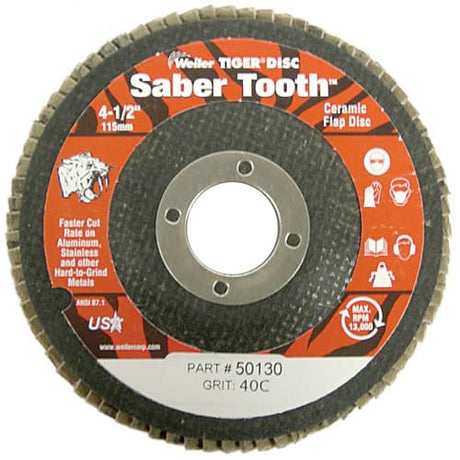 Weiler 50130 4-1/2" Saber Tooth High Density Ceramic Abrasive Flap Disc, 40C,  7/8", Pack/10