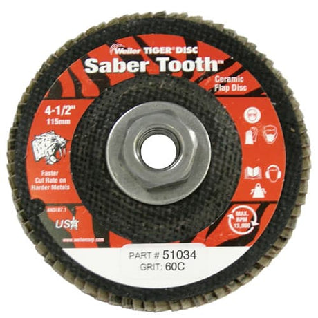 Weiler 50134 4-1/2" Saber Tooth High Density Ceramic Abrasive Flap Disc, 60C, 5/8"-11 A.H.