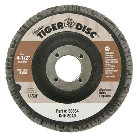 Weiler 50664 4-1/2" Tiger Disc Abrasive Flap Disc, Flat, Phenolic Backing, 60AO, 7/8", Pack/10