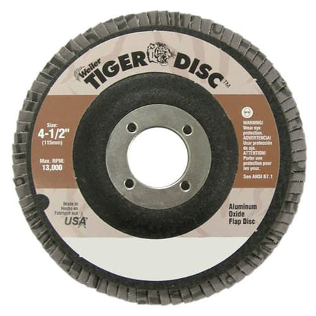 Weiler 50665 4-1/2" Tiger Disc Abrasive Flap Disc, Flat, Phenolic Backing, 80AO, 7/8", Pack/10