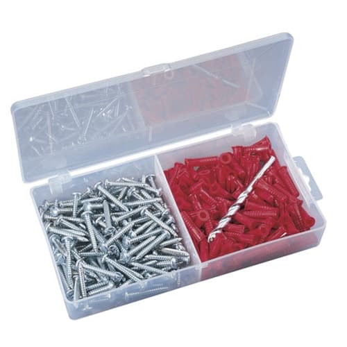 IDEAL 90-051 Flange-Type Plastic Anchor Kit, Contents: (100) #6-8-10x7/8" Anchors, (100) #8x1" Combo-Head Sheet-Metal Screws, (1) 3/16" Masonry Bit