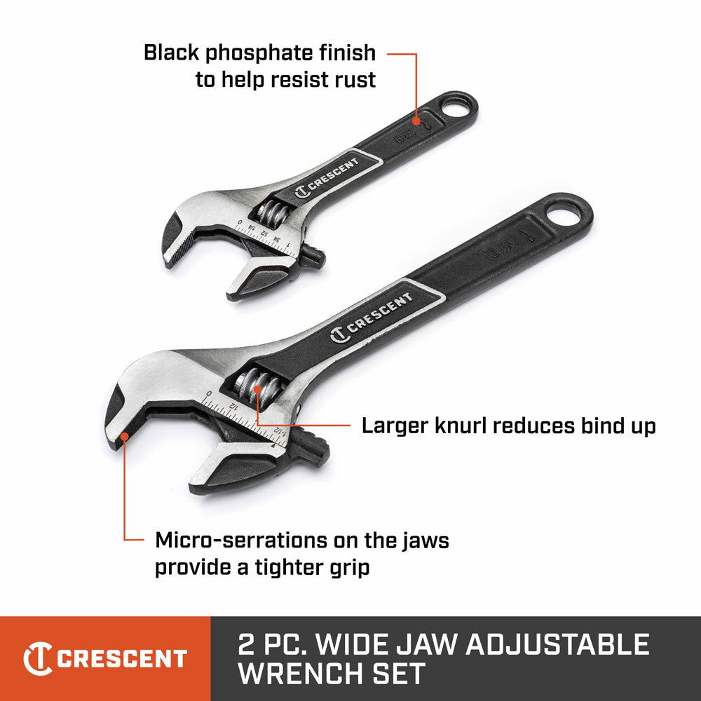 Crescent ATWJ2610VS 2 Pc. Wide Jaw Adjustable Wrench Set 6" & 10" - 10