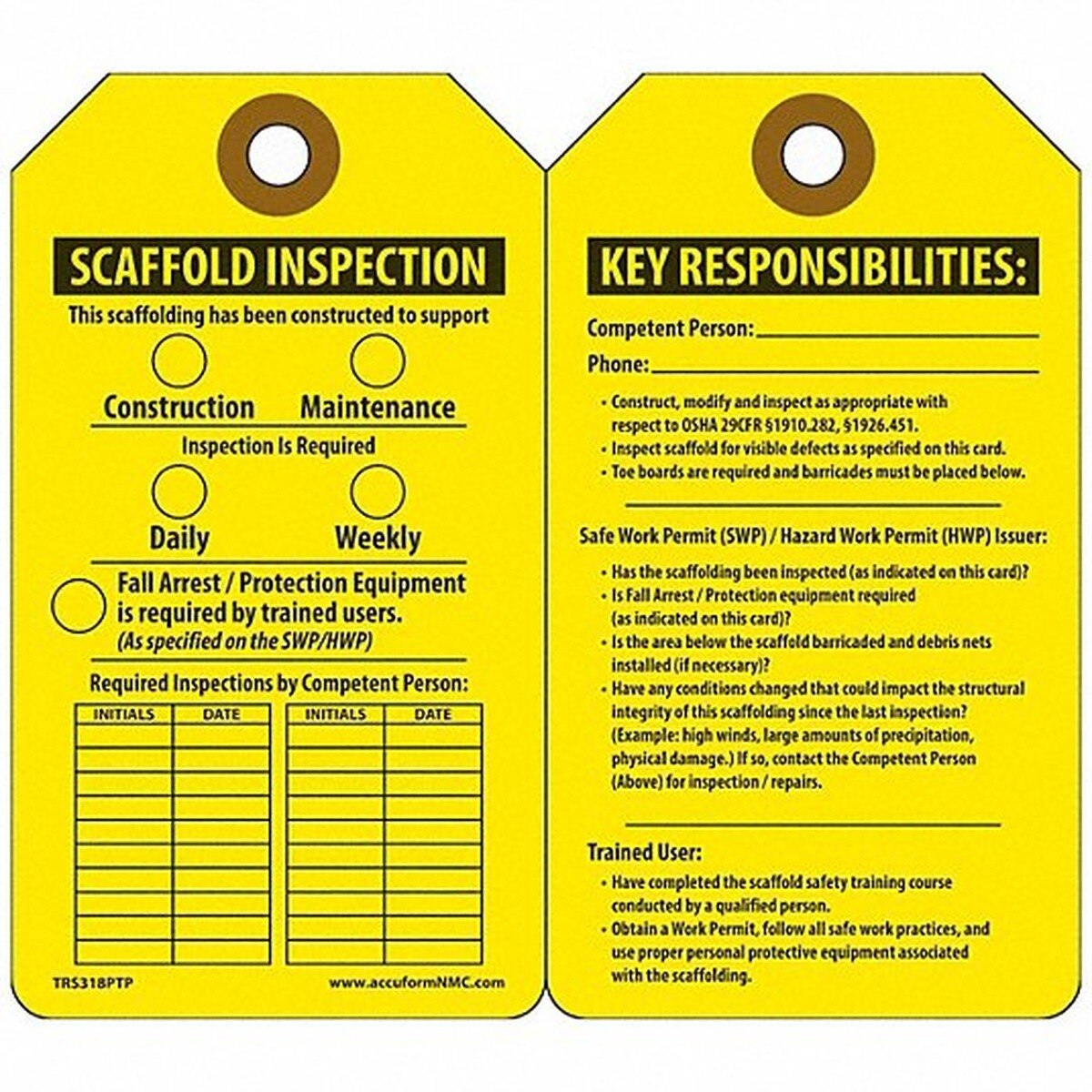 Accuform TRS318CTP Scaffold Inspection Tag Yellow Cardstock 3-1/8" x 5-7/8" English