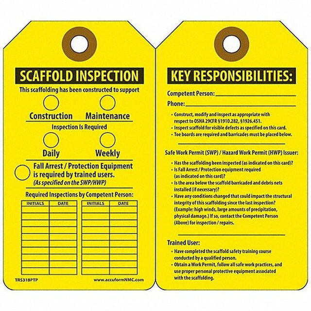 Accuform TRS318CTP Scaffold Inspection Tag Yellow Cardstock 3-1/8" x 5-7/8" English