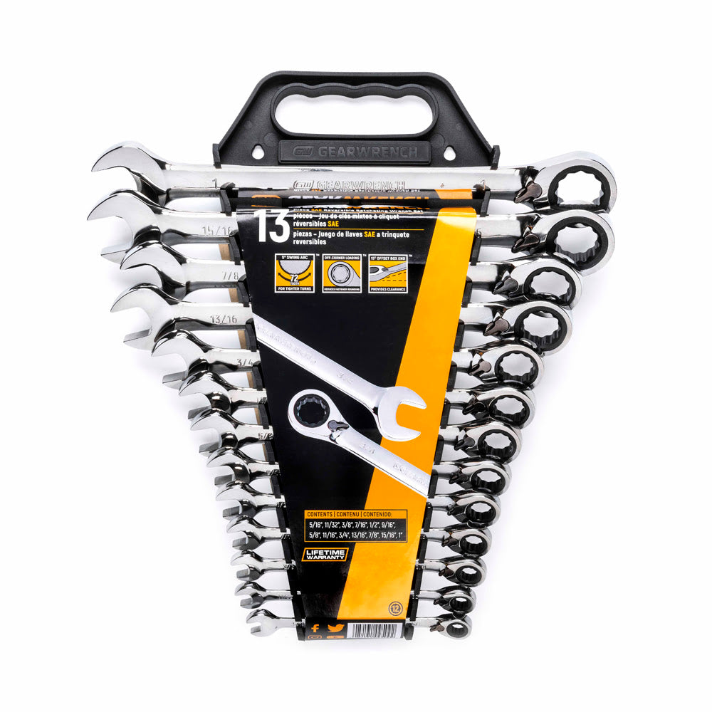 GearWrench 9509N 13 Pc. 72-Tooth 12 Point Reversible Ratcheting Combination SAE Wrench Set - 3